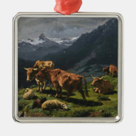 Rinder und Schafe in einer alpinen Landschaft Ornament Aus Metall
