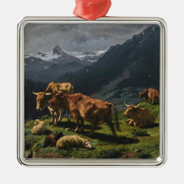 Rinder und Schafe in einer alpinen Landschaft Ornament Aus Metall (Vorne)