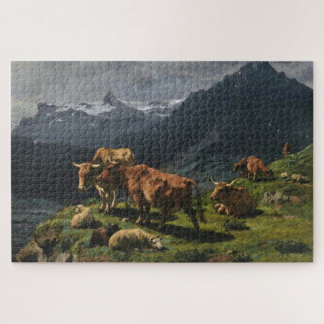 Rinder und Schafe in einer alpinen Landschaft Puzzle (Horizontal)