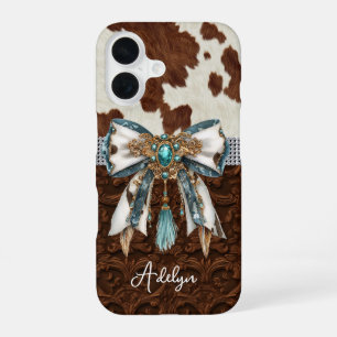 Rindleder Braunes Leder Juwelen Bogen iPhone 16 Hülle
