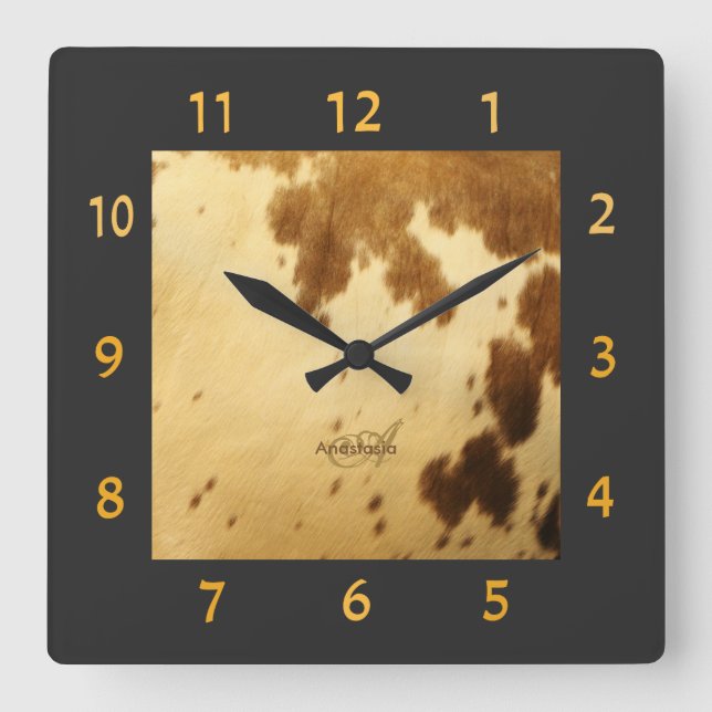 Rindleder-Pelz-Druck Monogramm-rustikaler schicker Quadratische Wanduhr (Vorderseite)