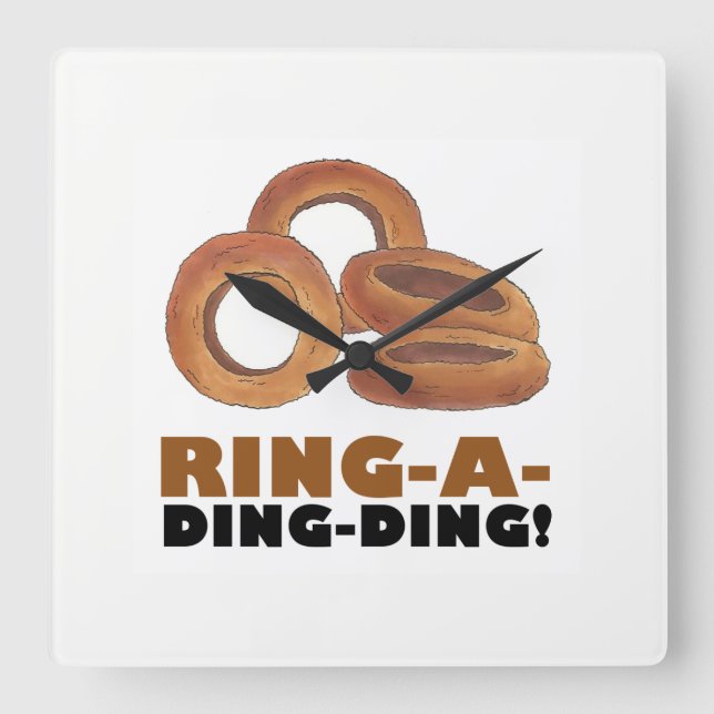 Ring-a-Ding-Fried Zwiebelring Funny Diner Food Quadratische Wanduhr (Vorderseite)