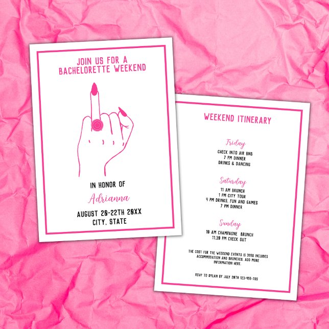 Ring Finger Bold Pink Bachelorette Girls Weekend Einladung (ring finger bachelorette party invitation bold pink weekend itinerary modern fun)