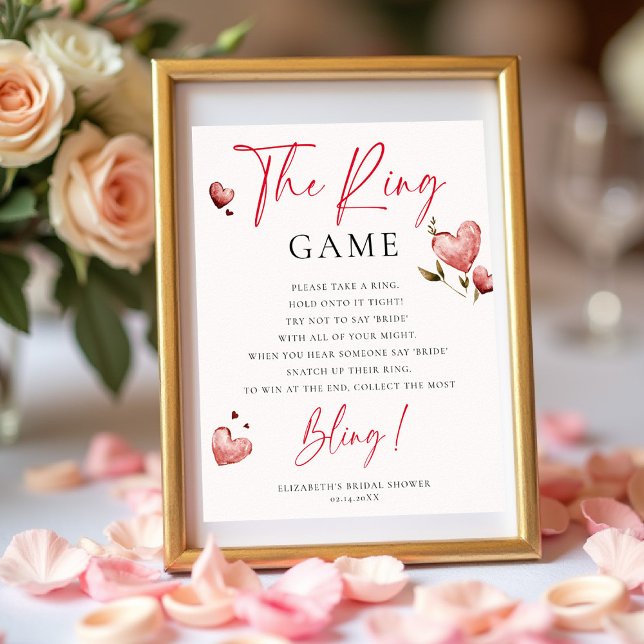 Ring Game Valentine Bridal Shower Game Watercolor Poster (valentine bridal shower game ring brunch bubbly watercolor hearts showered with love)