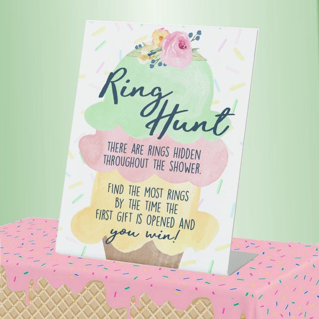Ring Hour Ice Creme Brautparty Spiel Sockelschild (Ring Hunt Game Watercolor Ice Cream Bridal Shower Pedestal Table Sign)