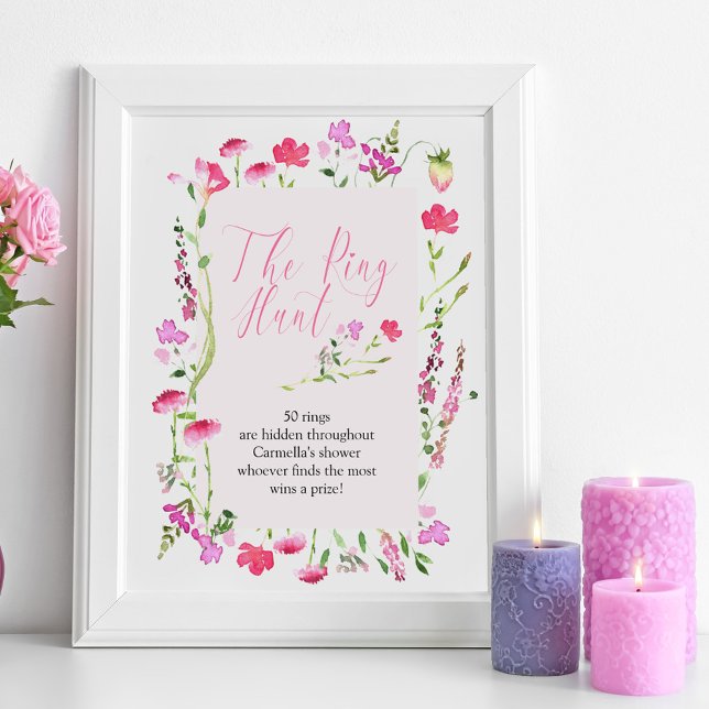 Ring Hunt Game Pink Wildblume Brautparty Poster (Ring Hunt bridal shower game sign from my Pink Wildflower Collection.)
