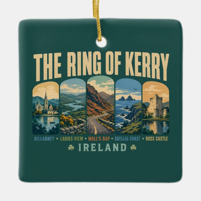 Ring of Kerry Ireland Landmarks Illustration Retro Keramikornament (Vorderseite)