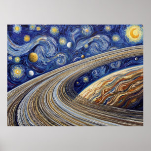 Ringe des Planeten Saturn Sternennacht Landschaft Poster
