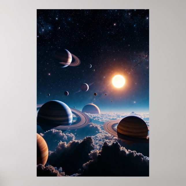 Ringed Worlds Above the Clouds – Cosmic Planetary  Poster (Vorne)