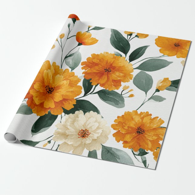 Ringelblume Botanische Blumen Wasserfarbe Herbst Geschenkpapier (Ungerollt)