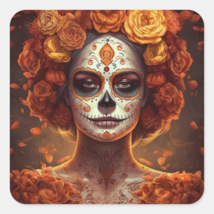 Ringelblume Catrina Día de los Muertos Quadratischer Aufkleber