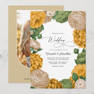 Ringelblume, Olive und Warmcreme Blumenhochzeit Einladung