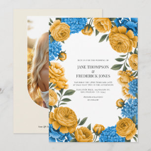 Ringelblume und Französisch Blau Aquarell Florale  Einladung