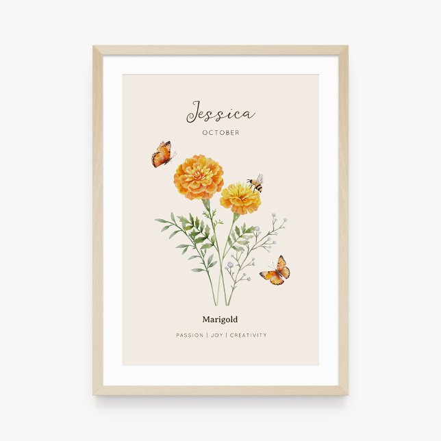 Ringelblumen-Geburtsmonats-Blumenposter Poster (Example of marigold birth flower poster once framed. )