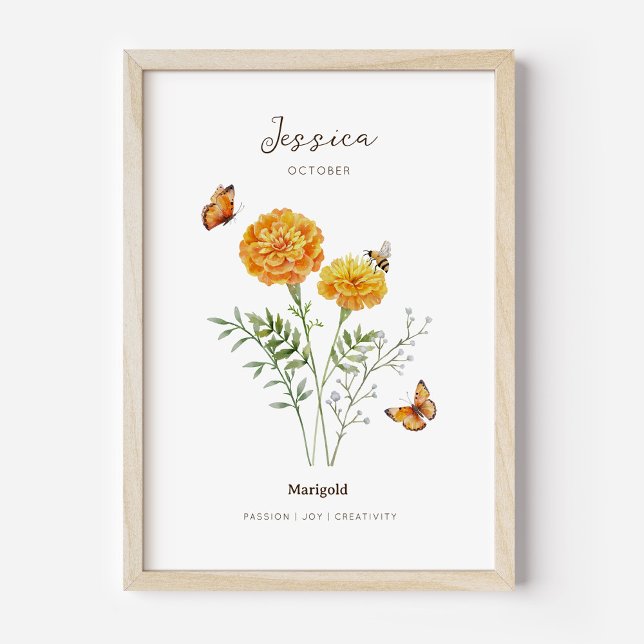 Ringelblumen-Geburtsmonats-Blumenposter Poster (Example of marigold birth flower poster once framed. )