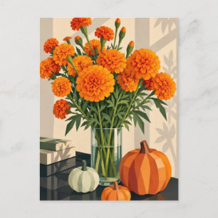 Ringelblumen & Kürbisse Geometrische Herbstpostkar Feiertagspostkarte