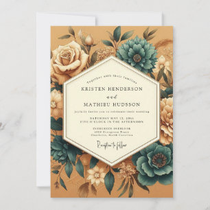 Ringelblumen-Teal-Altflora-Hochzeit Einladung
