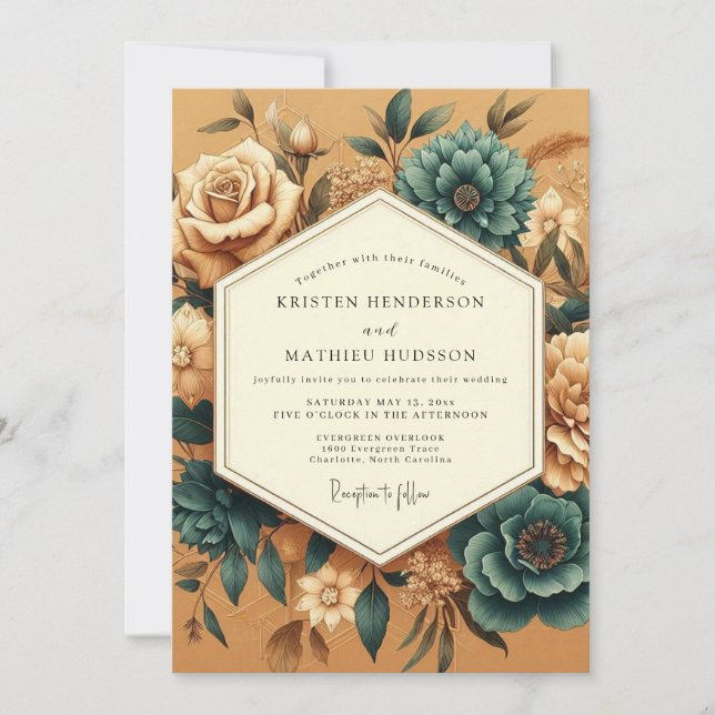 Ringelblumen-Teal-Altflora-Hochzeit Einladung (Vorderseite)
