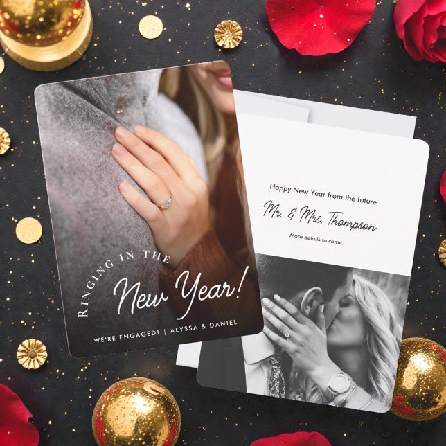 Ringen in der Verlobung des neuen Jahres Ankündigung (Ringing in the New Year! Photo engagement announcement cards.)