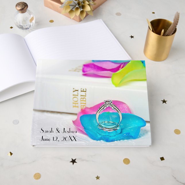 Rings On Rainbow Rose Petal with Bible Gästebuch (Vorderseite Offen)