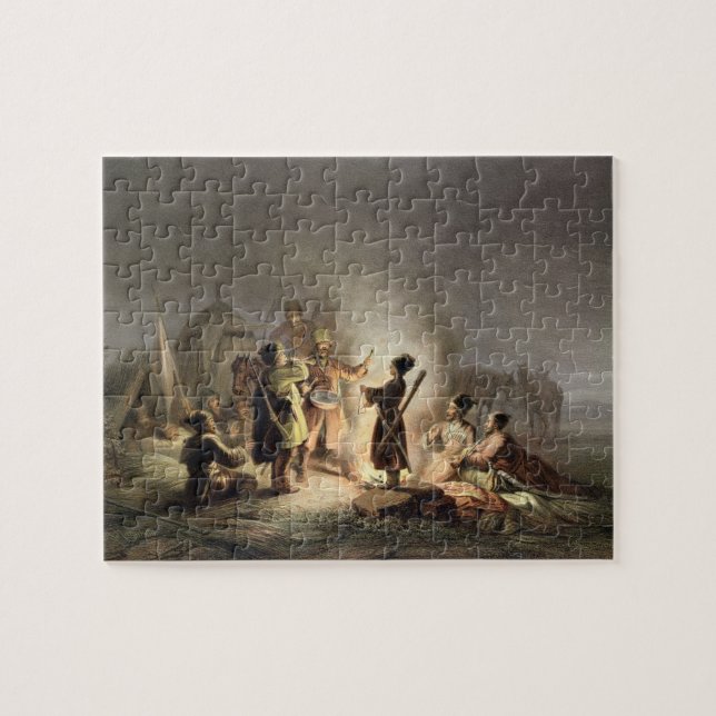 Ringsum das Lager-Feuer (Farbelitho) Puzzle (Horizontal)