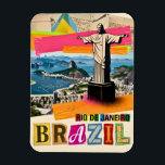 Rio de Janeiro Brazil Christ Retro Collage Travel Magnet<br><div class="desc">Rio de Janeiro, Brazil is one of the most iconic travel destinations in South America. The famous Christ the Redeemer statue stands with open arms above the city, while Sugarloaf Mountain and the beautiful bay stretch out below in one of the most recognizable views in the world. The tropical cityscape,...</div>