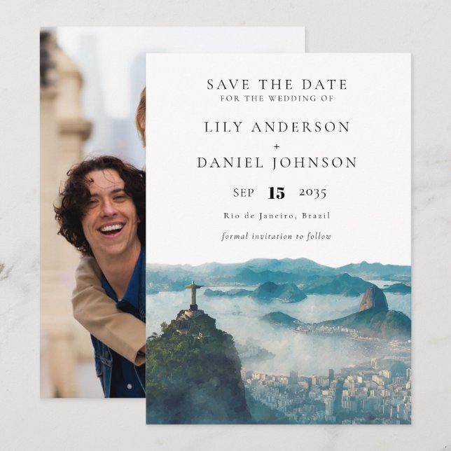 Rio de Janeiro Skyline Aquarell-Foto Hochzeit Save The Date (Vorne/Hinten)