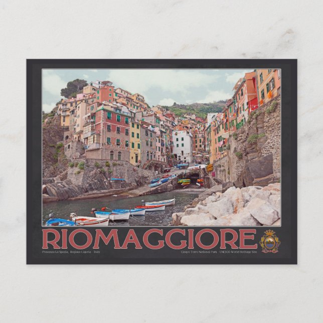 Riomaggiore Hafen (schwarz) Postkarte (Vorderseite)