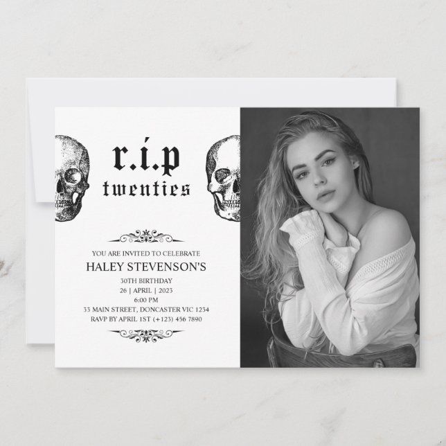 RIP 20 s 20 Jubiläum Beerdigung Schädel 30. Geburt Einladung (Vorderseite)
