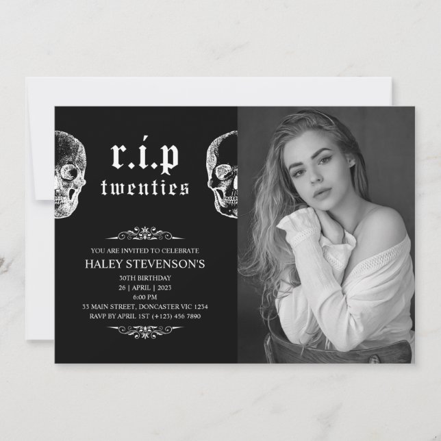 RIP 20 s 20 Jubiläum Beerdigung Schädel 30. Geburt Einladung (Vorderseite)