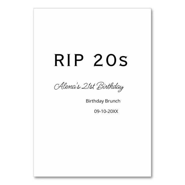 RIP 20 s 21. Geburtstag, einfaches Mindestfrühstüc Tischnummer (Vorderseite)