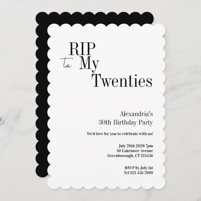 RIP 20s 30th Birthday Minimal Party Einladung (Vorne/Hinten)