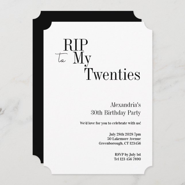 RIP 20s 30th Birthday Minimal Party Einladung (Vorne/Hinten)