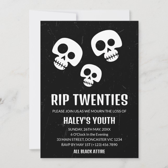 RIP Twenties 20s Skull Funny Funeral 30th Birthday Einladung (Vorderseite)