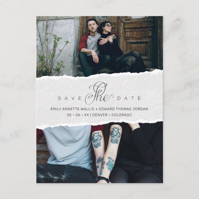 Ripped Paper Effect Wedding Custom Photo Script Einladungspostkarte (Vorderseite)