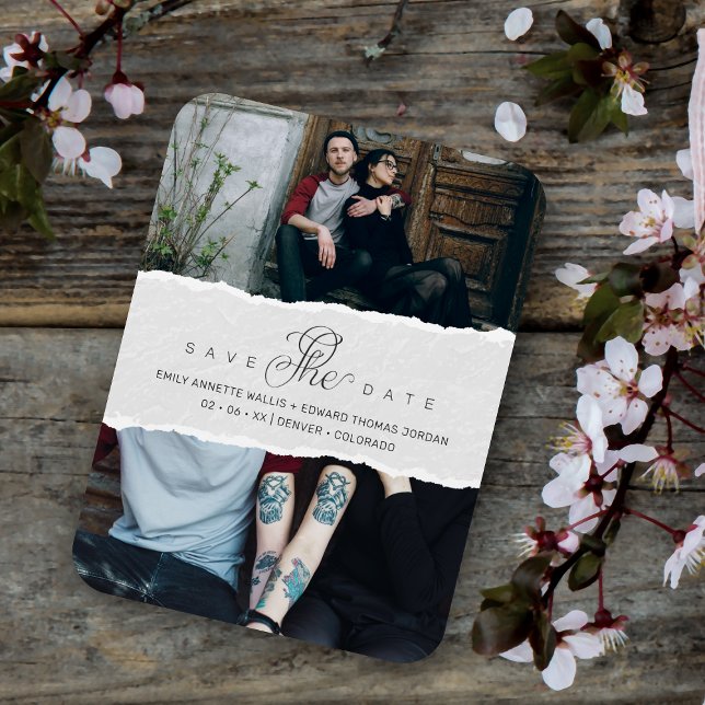 Ripped Paper Effect Wedding Custom Photo Script Magnet (Von Creator hochgeladen)
