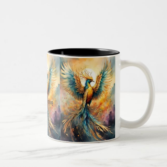 Rise & Thrive: farbenfrohe Phoenix-Tasse Zweifarbige Tasse (Rechts)