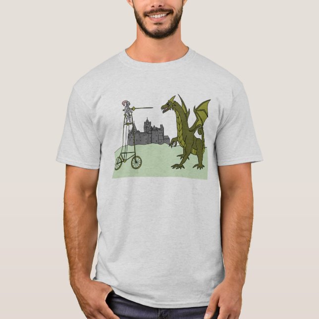Ritter, der ein hohes Fahrrad tötet einen Drachen T-Shirt (Vorderseite)