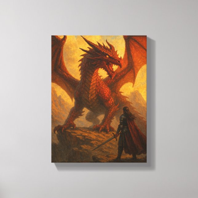 Ritter gegenüber dem Roten Drachen auf der fiery M Leinwanddruck (Vorderseite)
