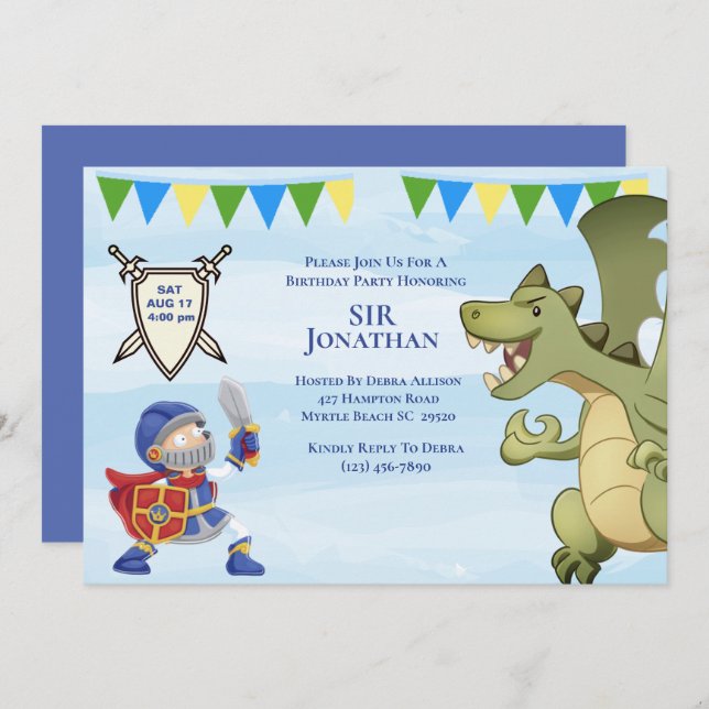 Ritter im Rüstungsdrachen Geburtstagsparty Einladu Einladung (Vorne/Hinten)