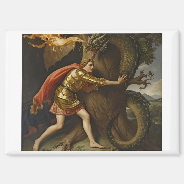 Ritter in goldener Rüstung gegen den Drachen Magnet (Vorderseite)