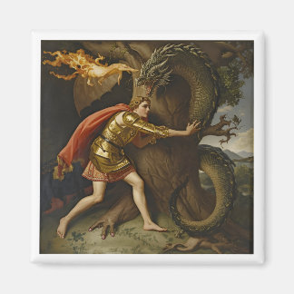 Ritter in goldener Rüstung gegen den Drachen Magnet