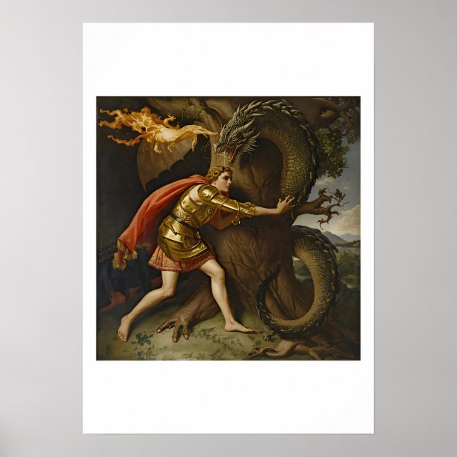 Ritter in goldener Rüstung gegen den Drachen Poster (Vorne)