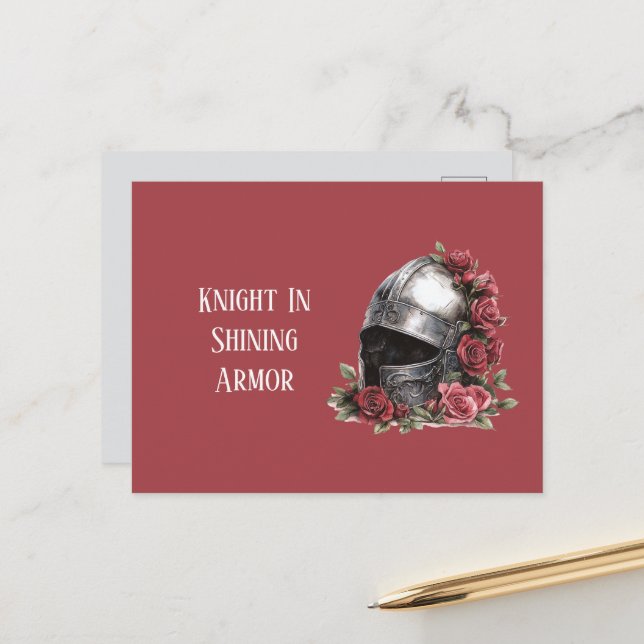 Ritter in schimmernder Rüstung Helm rote Rosen Postkarte (Vorderseite/Rückseite Beispiel)