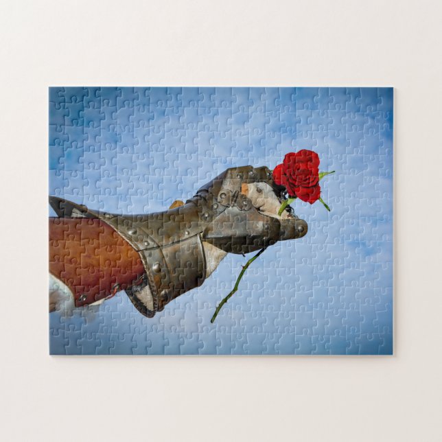 Ritter mit Herz, Hand mit rote Rose gegen Puzzle (Horizontal)