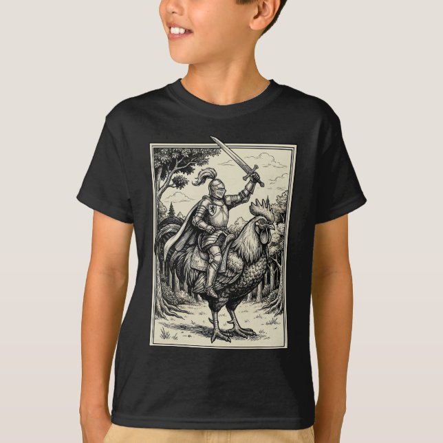 Ritter reitet Hahn Huhn  T-Shirt (Vorderseite)