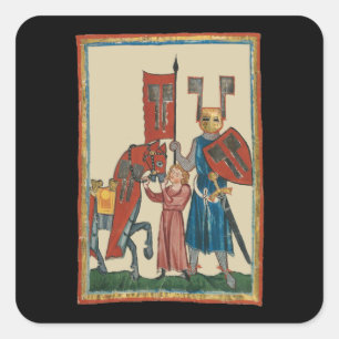 Ritter und Squire, mittelalterliche Kunst des 14. Quadratischer Aufkleber