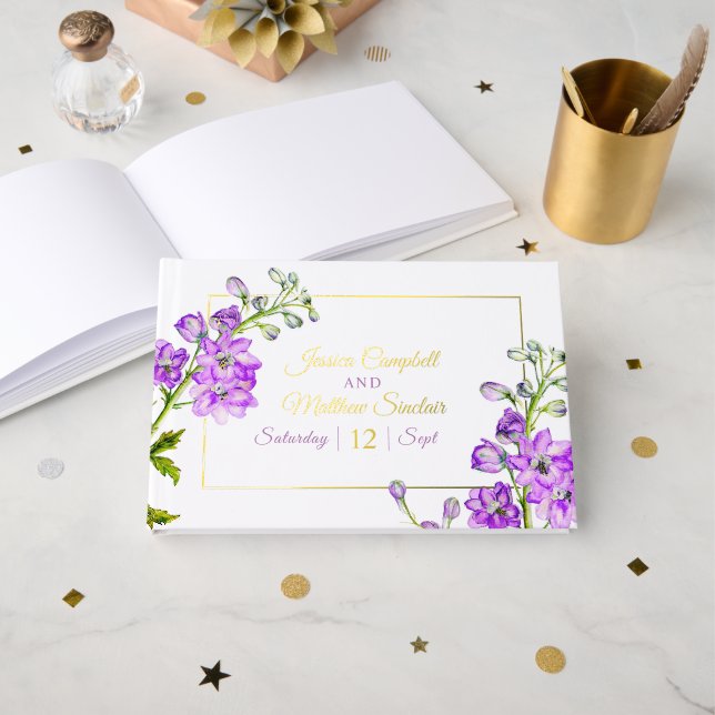 Rittersporn Blumen lila Aquarell Hochzeit Gold Gästebuch (Vorderseite Offen)