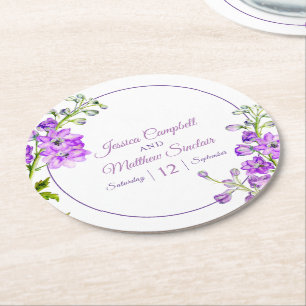 Rittersporn Blumen lila Aquarell Kunst Hochzeit Runder Pappuntersetzer