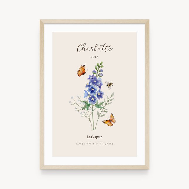 Rittersporn-Geburtsmonats-Blumenposter Poster (Example of larkspur birth flower poster once framed. )